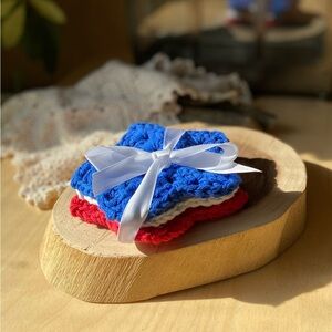 Handmade red, white and blue stars cotton Crochet Coasters Set
